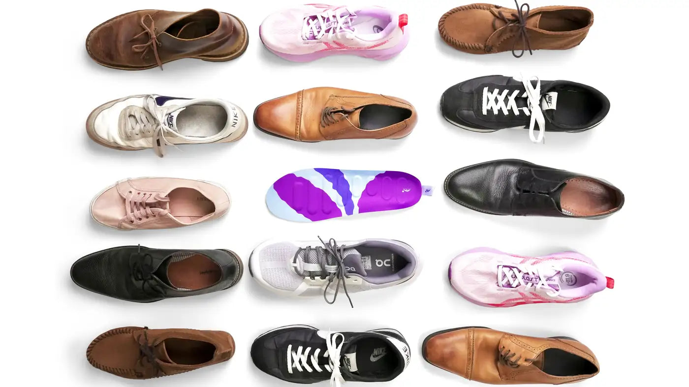 RegenRx insole surrounded by many shoe styles