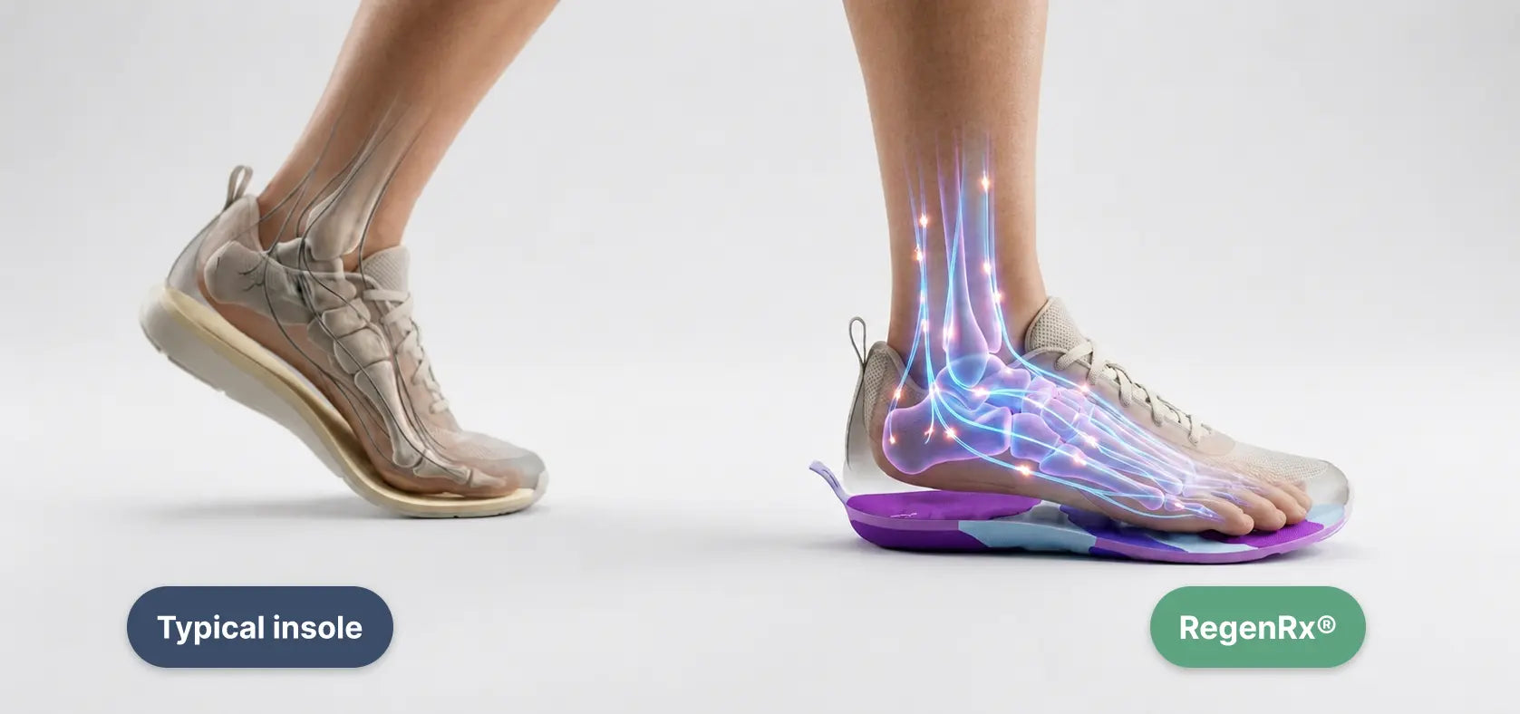 Comparison of a foot on a flat insole with inactive nerves versus a foot on a RegenRx insole with active, stimulated nerve pathways